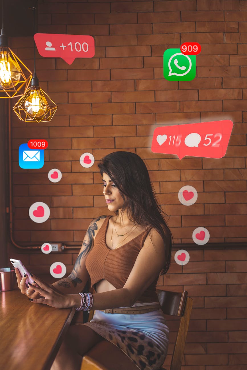 sitting woman using smartphone with hearts and smartphone icons